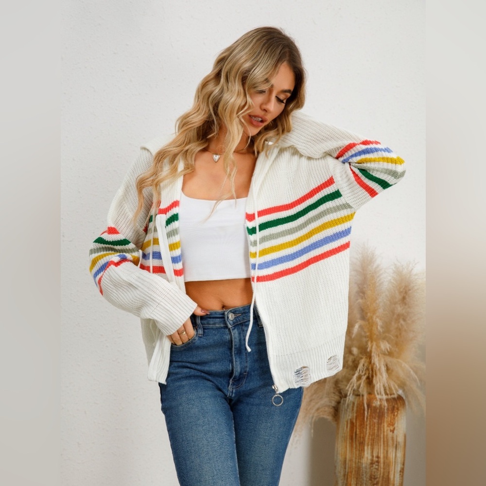 White and Colorful Striped Hooded Cardigan - Picture 4 of 7